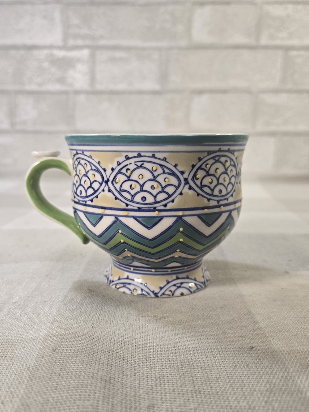 Anthropologie Green Blue Yellow Moriage Design Boho Footed 14oz Ceramic Mug Cup - Picture 2 of 8